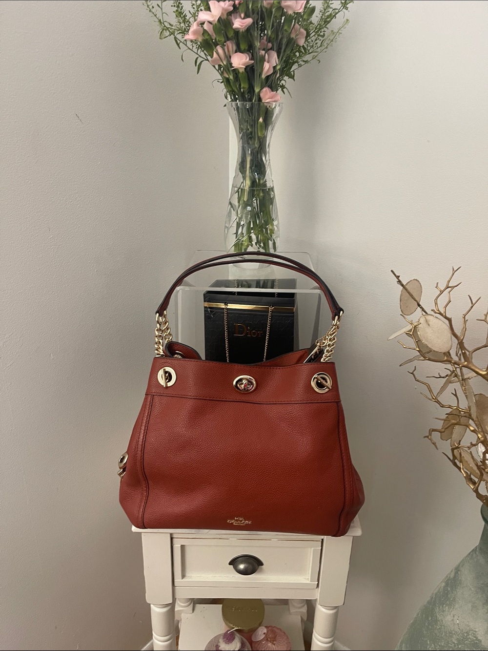 Coach Pebbled Rust Burnt Orange Leather Shoulder Bag with Gold Hardware